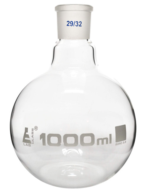 Florence Boiling Flask, 1000ml - 29/32 Joint, Interchangeable - Borosilicate Glass - Flat Bottom, Short Neck - Eisco Labs