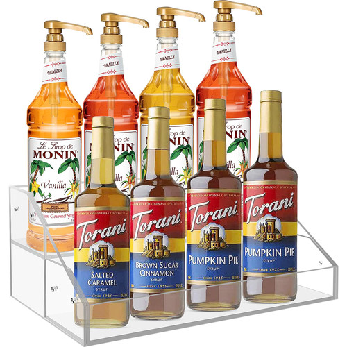 Gyykzz Acrylic Coffee Syrup Rack Organizer, 2 Tier 8 Bottles Coffee Syrup Holder, Coffee Bar Accessories And Organizer For Countertop, Clear Syrup Stand for Liquor, Syrup, Wine, Dressing for Kitchen