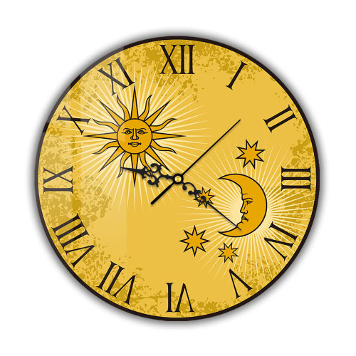 Timethink 12 Inch Sun and Moon Roman Numerals Wall Clock, Boho Celestial Astrology Art Silent Quartz Non Ticking Vintage Decorative Round Wall Clock Battery Operated for Nursery Bedroom Living Room