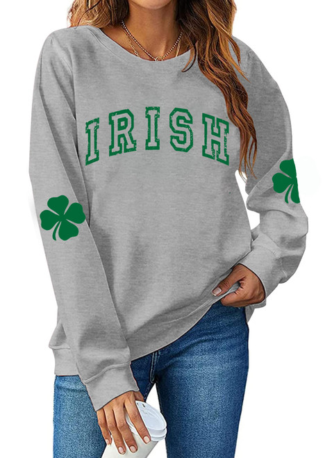 COLORFUL BLING St Patricks Day Sweatshirts for Women Lucky Four-leaf Clover Sweater Irish Gift Shamrock Casual Long Sleeve Pullover Top-Irish Grey XL
