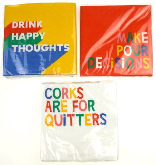 Drinking Themed Beverage Cocktail Napkins Bundle (3 Designs): Drink Happy Thoughts, Corks Are For Quitters & Make Pour Decisions - 5x5 Inch Square - 3 Packages (60 Napkins Total)