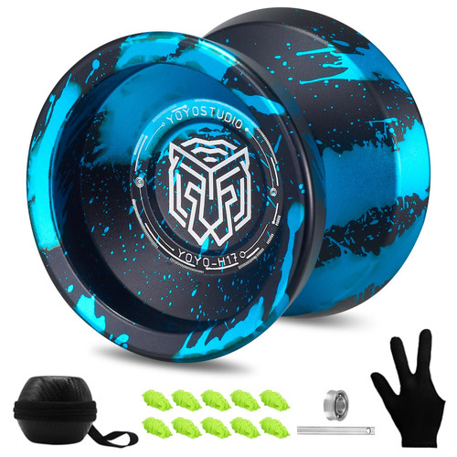 YOYOSTUDIO Yoyo Professional Responsive Yoyo H17, Dual Purpose Metal Yoyo for Kids Beginner, Unresponsive Yo yo Bearing for Adults with Removal Bearing Tool, 10 String, Case & Glove (Black and Blue)