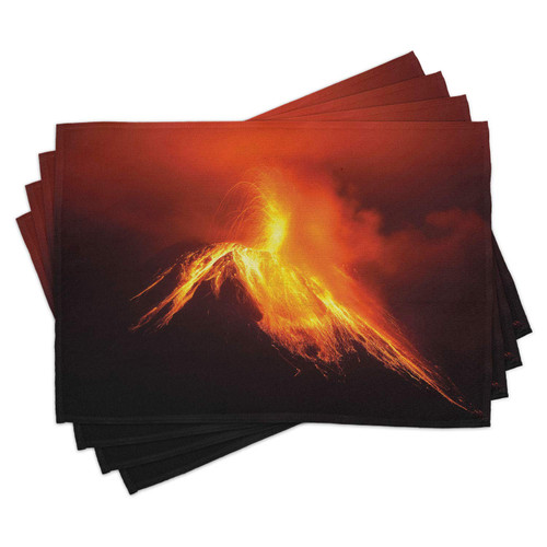 Lunarable Volcano Place Mats Set of 4, Tungurahua Volcano in Ecuador Exploding at Night Nature and Geology, Washable Fabric Placemats for Dining Room Kitchen Table Decor, Orange Yellow Black