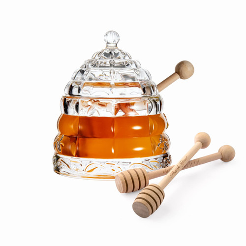 Honey Jar Dish with 3 Dippers, Honey Jar and Dipper Set, Large Glass Honey Pot storage with Lid and Inscribed Wooden Honey Dippers, Glass Honey Dispenser Thank You Gift,