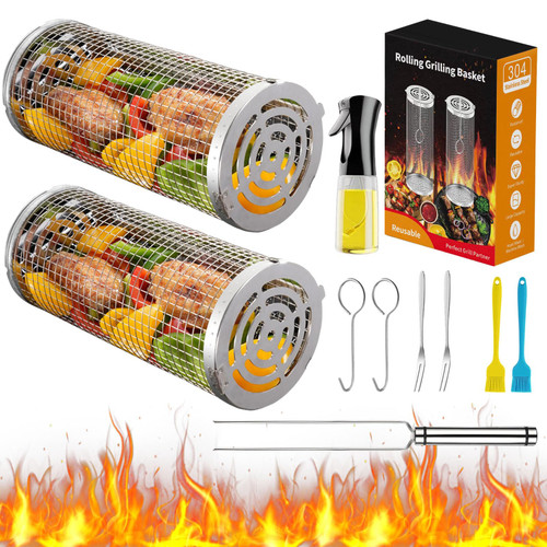 Rolling Grilling Baskets for Outdoor Grill Bbq ?Stainless Steel Grill Mesh Barbeque Grill Accessories,Outdoor Round BBQ Stainless Steel Grill Basket Campfire Grill Grid - Camping Picnic Cookware