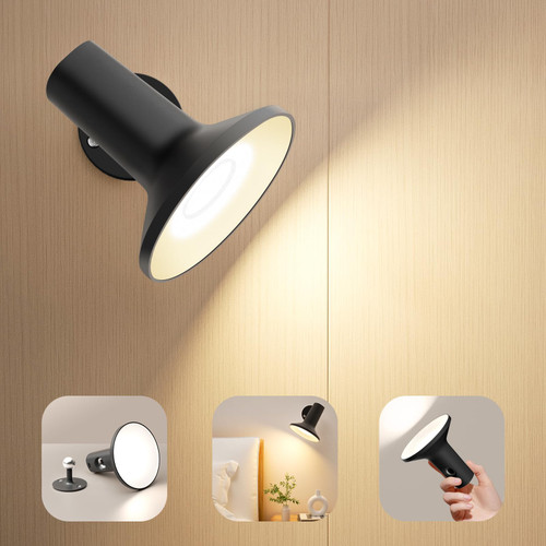 HAILOLY LED Rechargeable Wall Sconce, 2600mAh Battery Powered Cordless Wall Sconce, 3 Color Temperature Dimmable Wall Lamp, Rotatable Magnetic Wall Lights for Reading Study Bedside Hallway (Black)