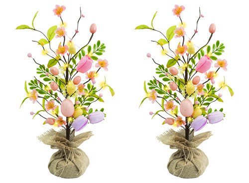 Krissing 2 Pack Easter Decorations, 19.7" Lighted Easter Tree with Eggs Tulips Flowers Artificial Tabletop Easter Egg Tree with Lights for Centerpieces Easter Holiday Party Gifts Home Spring Decor