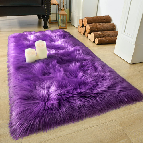 LOCHAS Soft Fluffy Purple Faux Fur Rugs for Bedroom Bedside Rug 2x4 Feet, Washable, Furry Sheepskin Area Rug for Living Room Girls Room, Luxury Shag Carpet Home Decor