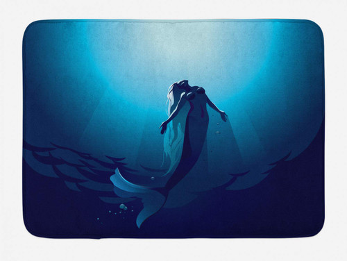 Ambesonne Underwater Bath Mat, Fantasy Mermaid in The Deep Water Swimming up to The Surface Sun Rays Artwork Print, Plush Bathroom Decor Mat with Non Slip Backing, 29.5 X 17.5, Blue