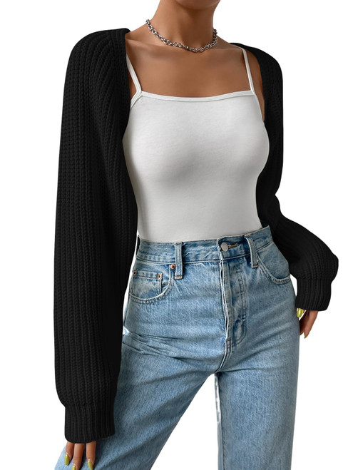 COZYEASE Women's Long Sleeve Open Front Crop Cardigan Sweater Drop Shoulder Knit Bolero Shrug Black S