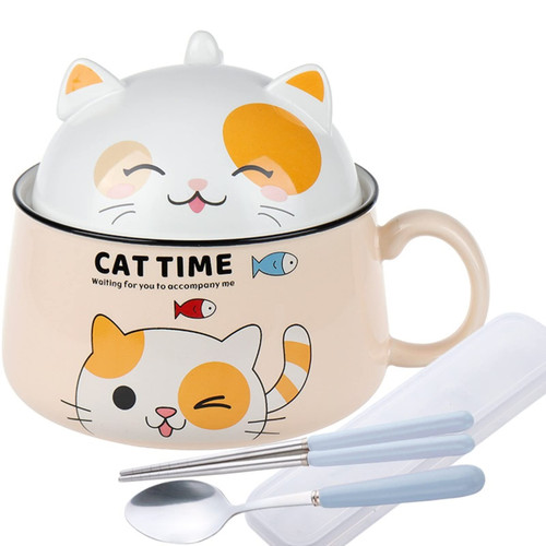 Cute Cat Instant Ramen Noodle Bowl, with lid, 34.5 OZ Ramen Cooker with Chopsticks and Spoon, Ramen Cooker Soup, Salad , Cereal, Pasta, Dessert Bowl with Handle (Yellow)