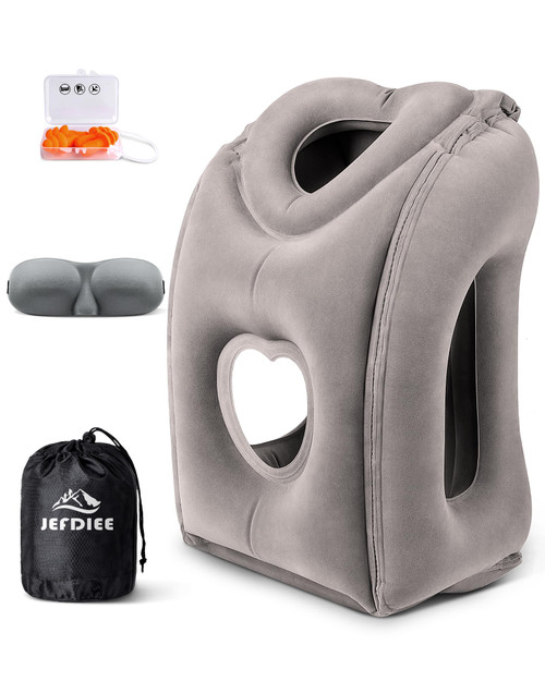 JefDiee Inflatable Travel Pillow for Airplanes, Airplane Neck Pillow Comfortably Supports Head and Chin for Airplanes, Trains, Cars and Office Napping (Grey)