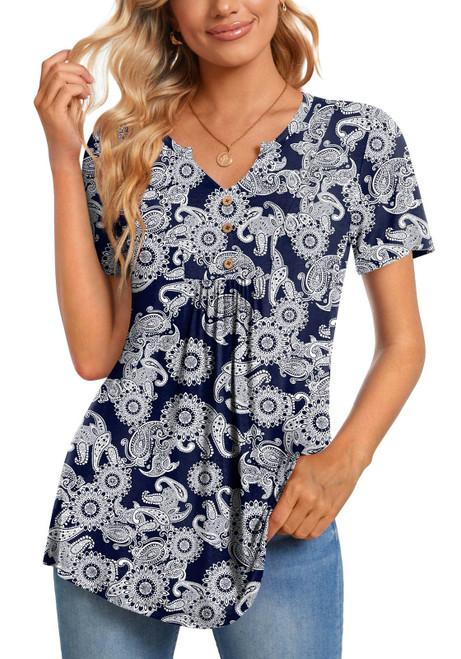 CATHY Womens Short Sleeve Tunic Tops Henley Shirt V-neck Button Up Blouse Casual Pleated Basic Pullover, 2XL, Sun Flower