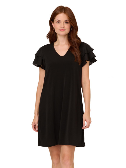 Adrianna Papell Women's V Neck Double Flutter Sleeve Dress Black