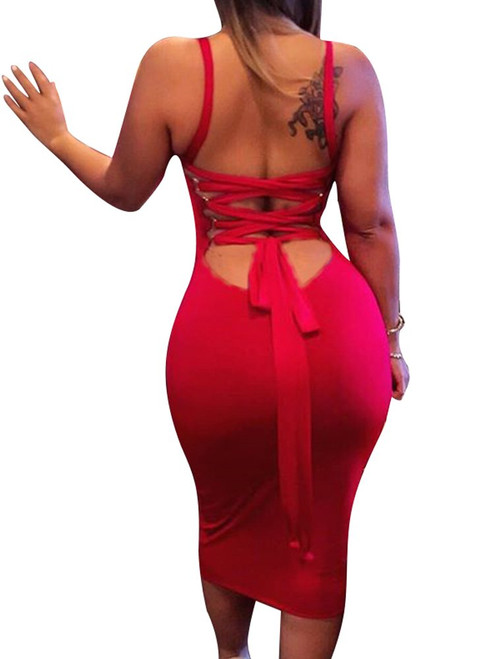 BEAGIMEG Women's Sexy Lace Up Backless Bodycon Midi Party Club Dress Red
