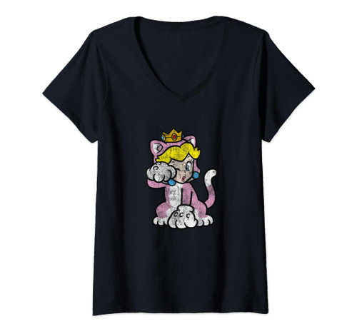 Womens Super Mario 3D Bowser's Fury Princess Peach Cat Portrait V-Neck T-Shirt