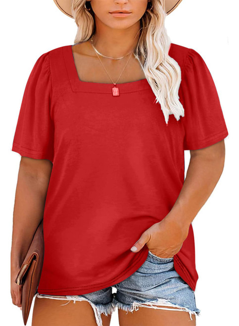 Eytino Womens Plus Size Tops Casual Summer Square Neck Puff Sleeve Loose Fit Tee Shirts,3X Light Red
