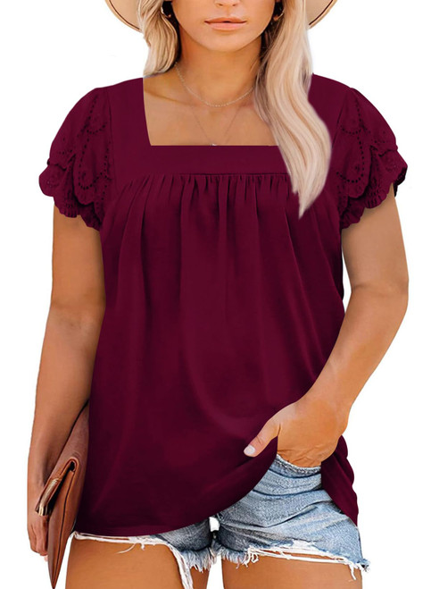 Eytino Women's Plus Size Tops Casual Square Neck Lace Short Sleeve Summer Loose Fit Tee Shirts,2X Red