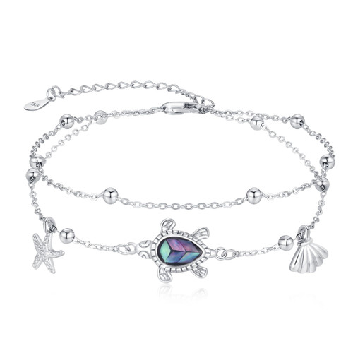 AOVEAO Turtle Bracelet 925 Sterling Silver Sea Turtle Double Layered Anklet Bracelet,Summer Beach Sea Turtle Adjustable Layer Bracelet Jewelry Birthday Graduation Gifts for Women Girls