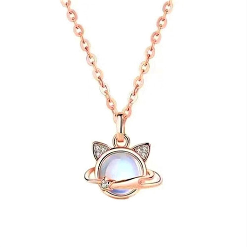 Bellitia Jewelry Rose Gold Plated 925 Sterling Silver Moonstone Pendant Necklace for Women, Cosmic Cat Motif Necklace with 45cm Adjustable Collarbone Chain for Her Bellitia Jewelry Rose Gold Plated 925 Sterling Silver Moonstone Pendant Necklace for Women, Cosmic Cat Motif Necklace with 45cm Adjustable Collarbone Chain for Her