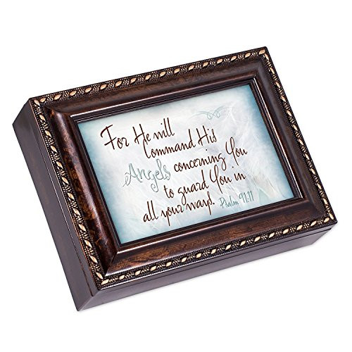 Angels Guard You Psalm 91:11 Burlwood Finish Jewelry Music Box Plays Amazing Grace