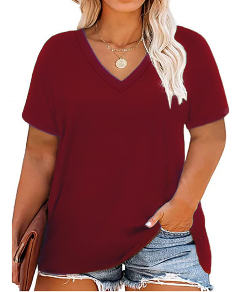 CARCOS Plus Size Tops for Women 3X Short Sleeve T Shirts Basic V Neck Summer Wine Red Blouses Casual Loose Fit Solid Color Tunics 3XL 22W 24W