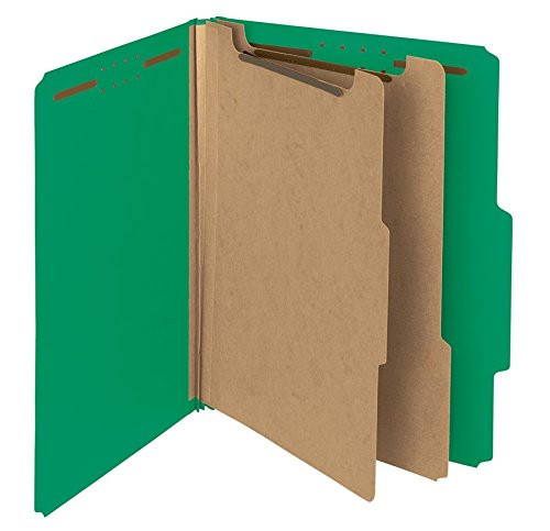 Smead 100% Recycled Pressboard Classification Folder, 2 Dividers, 2" Expansion, Letter, Green, 5 per Pack (14057)