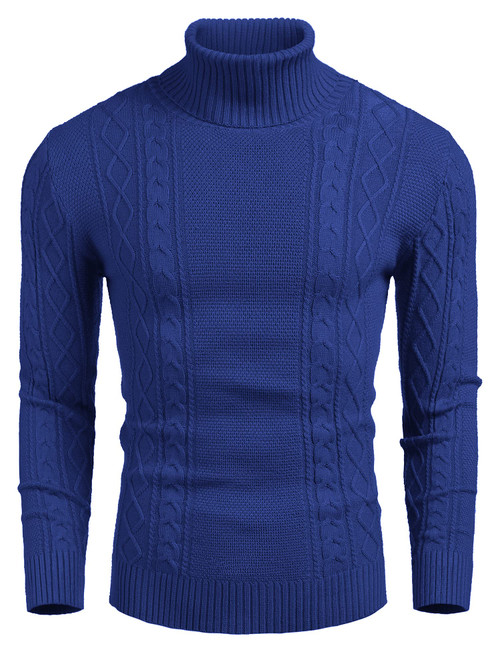 COOFANDY Men's Thermal Turtleneck Sweater Casual Slim Fit Cable Knit Pullover Sweaters Royal Blue