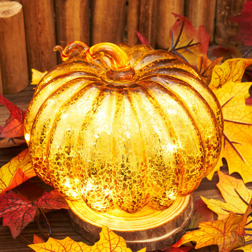 Osfvn Mercury Glass Pumpkins Light Timer Operated 5.5 Inches Halloween Pumpkin Decorations Fall Autumn Thanksgiving Home Decor