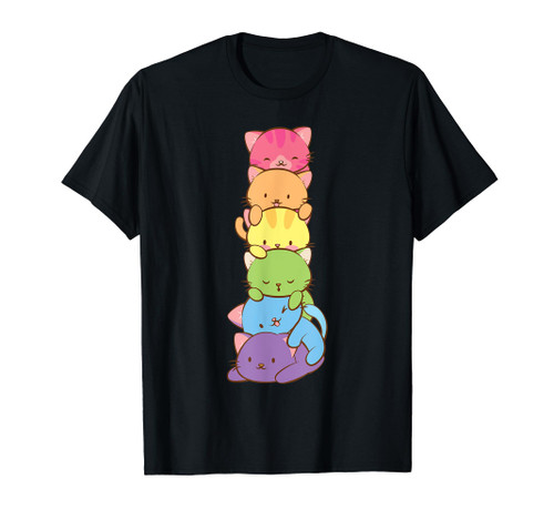 Cute LGBT Rainbow Gay Pride Flag Kawaii Cat Pile Anime Art T-Shirt