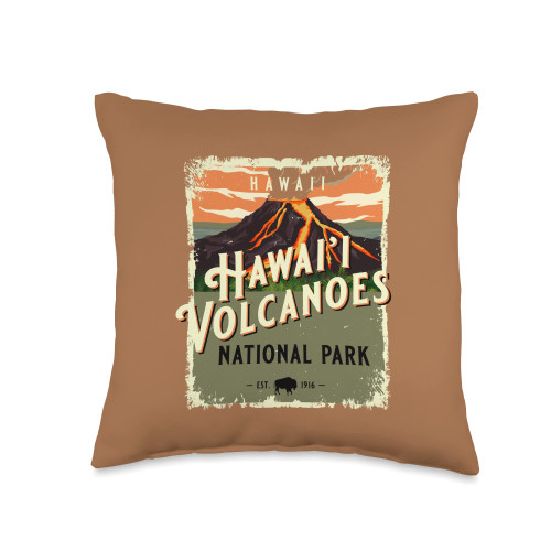 Hawaii Volcanoes National Park Gifts by KAEDAM Hawaii Volcanoes National Park Vintage Travel Poster Style Throw Pillow, 16x16, Multicolor