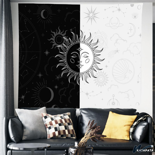 katapata Sun and Moon Tapestry Wall Hanging Tapestry for bedroom aesthetic Black and White