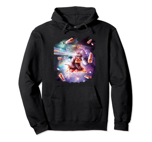 Space Cat Eating Pizza - Rainbow Laser Eyes, Burrito Pullover Hoodie Space Cat Eating Pizza - Rainbow Laser Eyes, Burrito Pullover Hoodie