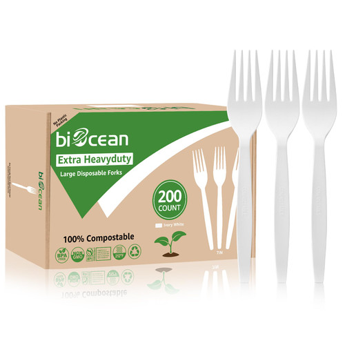 Biocean Extra Heavyduty Compostable Forks Disposable Cutlery No Plastic Forks 200 Count 7Inch Biodegradable Utensils Eco Friendly Silverware Repurpose Serving Flatware for Party,Daily Use,BBQ,Picnic
