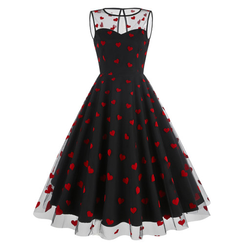 Valentines Day Dresses for Women Tulle Prom Dress Red Heart Print Illusion Sheer Mesh Dress Black Mini Dress A line Tulle Homecoming Dresses Party Prom Dresses Cocktail Party Swing Dress Black Heart L