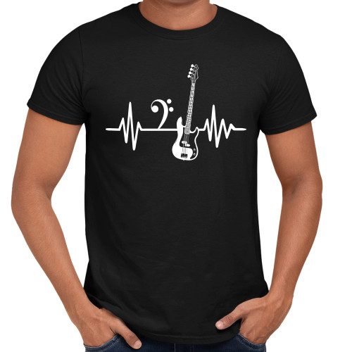 Bass Players Tshirt Funny Bass Guitar Heartbeat Bass Clef Music Gift T-Shirt for Men Women (Black - S)