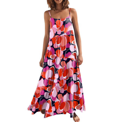 Women Summer Casual Loose Dresses Long Dress Sleeveless Split Maxi Dresses Hawaiian Beach Maxi Dress Pockets Red