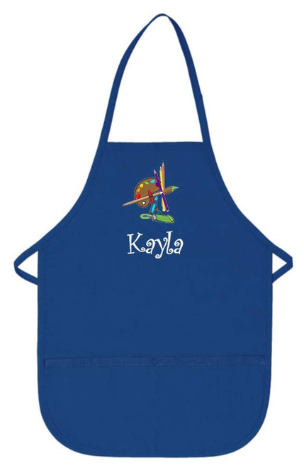 Personalized Royal Blue Kids Art Smock Apron with Palette Embroidery Design Poly/Cotton Twill Fabric Regular