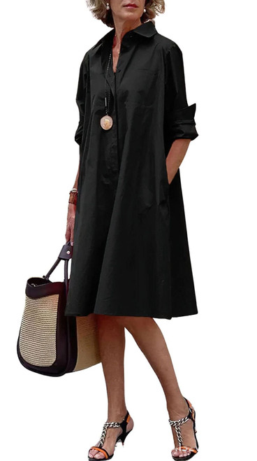 chouyatou Women's Spring Summer Button-Down Shirt Dress Loose A-Line Midi Shift Tunic Dress (Medium, Black)