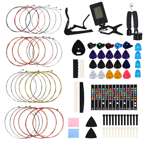 Moomuto 85PCS Guitar Accessories Kit Include Acoustic Guitar Strings,Tuner,Capo,String Winder&Cutter,Picks,Bridge Pins,Nuts & Saddles,Finger Protector,Finger Picks,Fretboard Stickers for Beginners