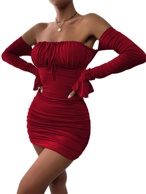 TICBRY Womens Sexy Long Sleeve Ruched Bodycon Mini Dresses Off Shoulder Bell Sleeve Flounce Sleeve Tie Front Short Party Club Dress Wine XS TICBRY Womens Sexy Long Sleeve Ruched Bodycon Mini Dresses Off Shoulder Bell Sleeve Flounce Sleeve Tie Front Short Party Club Dress Wine XS