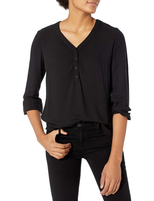 Amazon Essentials Women's 3/4 Sleeve Button Popover Shirt, Black, Medium