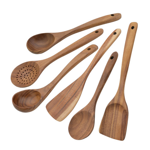 Uniturcky Kitchen Utensils Set, Wooden Cooking Utensil Set, 6 PCS Nonstick Teak Wood Kitchen Tools with Turner, Spatulas, Soup Ladle, Skimmer, Serving Spoons, Natural Wood Cookware