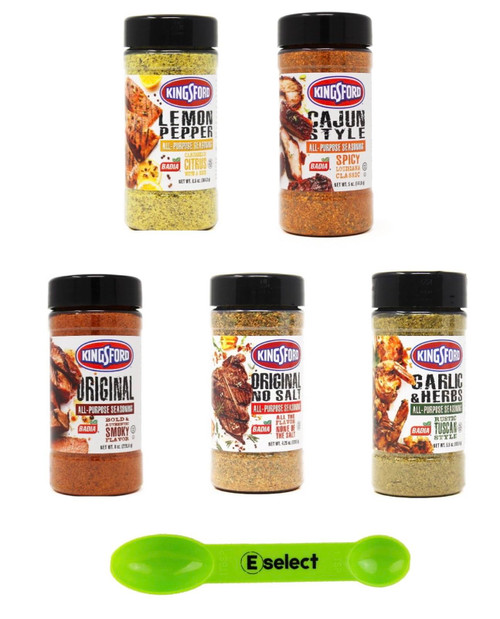 Kingsford All Purpose Seasoning Variety Bundle (1) Kingsford Original No Salt 4.25 Ounces, (1) Kingsford Cajun Style 5 Ounces, (1) Kingsford Lemon Pepper 6.5 Ounces, (1) Kingsford Original 8 Ounces, (1) Kingsford Garlic & Herbs 5.5 Ounces Bundled wit