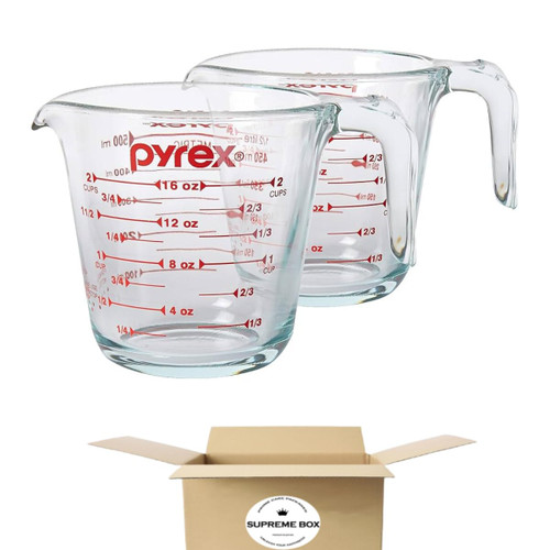 Pyrex Prepware 2-Cup Measuring Cup, Red Graphics Clear (Pack of 2), with Supreme Box Safe Packaging