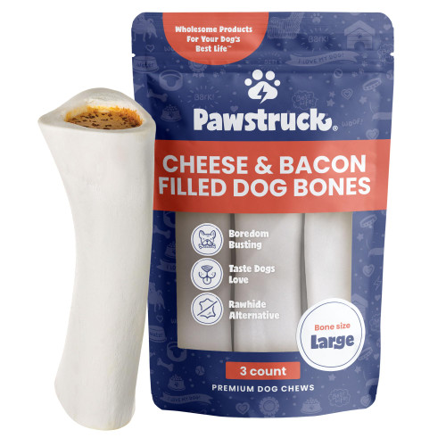 Pawstruck Large 5-6" Filled Dog Bones, Cheese & Bacon Flavor - Made in USA Long Lasting Stuffed Femur for Aggressive Chewers Dental Treat - Pack of 3 - Packaging May Vary Pawstruck Large 5-6" Filled Dog Bones, Cheese & Bacon Flavor - Made in USA Long Lasting Stuffed Femur for Aggressive Chewers Dental Treat - Pack of 3 - Packaging May Vary