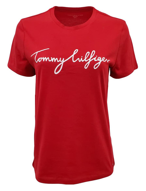 Tommy Hilfiger Womens New Line Crew-Neck T-Shirt (Small, Red (Script Logo))