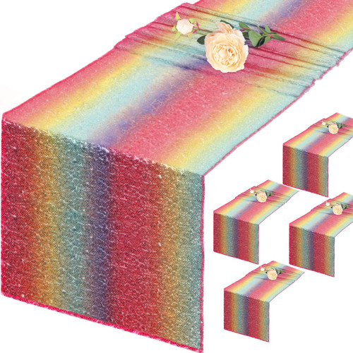 DUOBAO Sequin Table Runner Pack of 5 Rainbow Sequins Runner 12x72 Inches Event Table Runner Sequins Cake Table Runner Birthday Party Decorations Sequence Table Runners