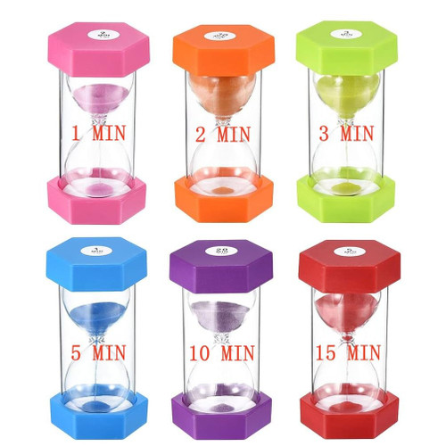 Large Sand Timer, Hourglass Timer Colorful Sandglass Timer 1 min/2 min/3 min/5 min/10 min/15 min Kids Timer Visual Sand Clock Timer for Games Classroom Home Office Kitchen Teeth Brushing (Pack of 6)