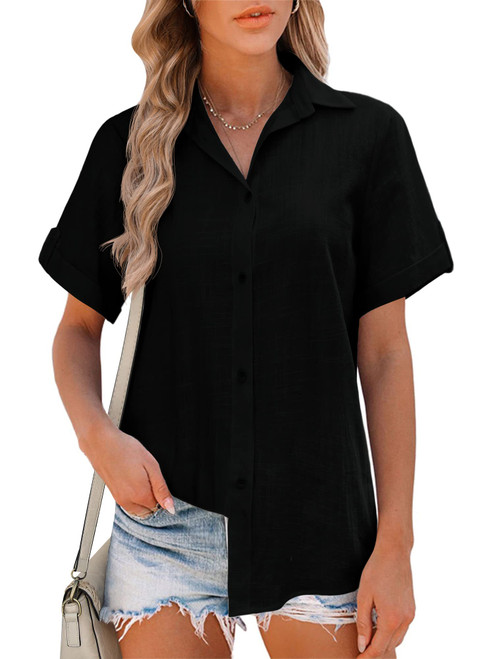 HOTOUCH Womens Short Sleeve Button Down Shirts Button Up Shirt Casual Short Sleeve Linen Tops Black Blouses (Black XL)